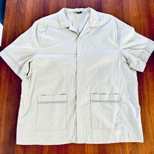 ASOS DESIGN relaxed camp collar shirt in cotton poplin with trim in sage green